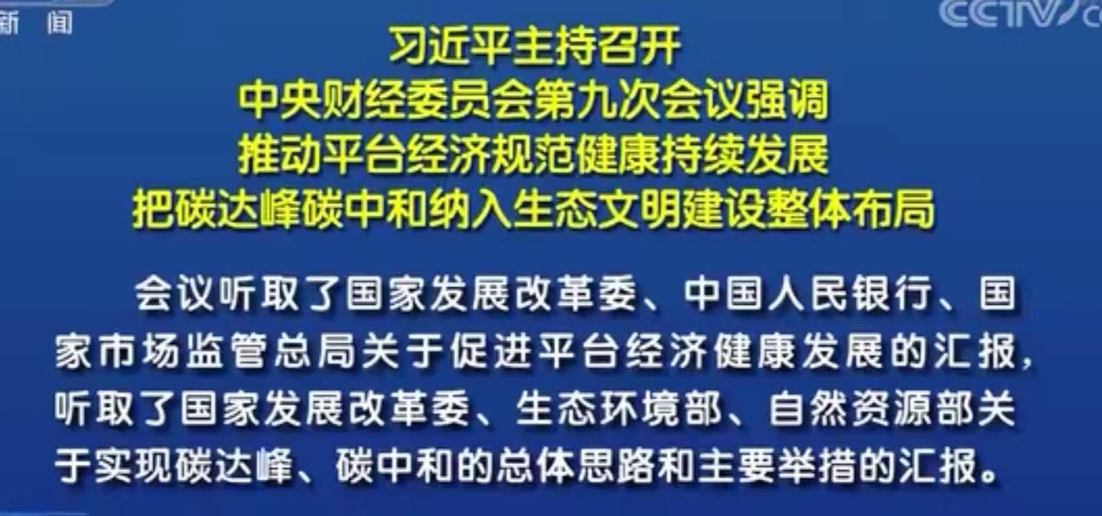 习近平主持召开中央财经委员会第九次会议强调 推动平台经济规范健康持续发展 把碳达峰碳中和纳入生态文明建设整体布局